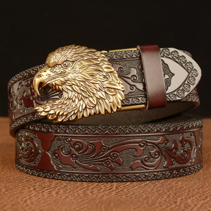 Cintura in pelle con testa d'aquila tridimensionale da uomo - Oro e marrone - 46 - image 0