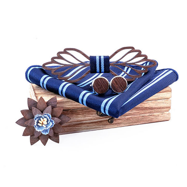 Set di 4 papillon in legno a forma di foglie cave da uomo - A righe blu navy - image 10