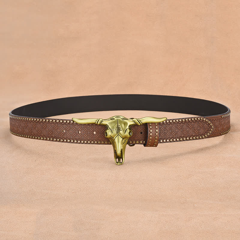 Cintura da uomo in pelle goffrata con rivetto a testa di bovino western - image 4