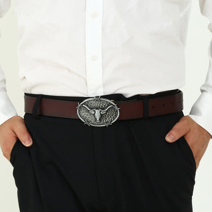 Cintura in pelle con fibbia martellata a forma di testa di toro da cowboy fai da te da uomo