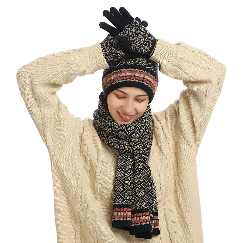 Set di 3 guanti touchscreen unisex con cappello e sciarpa a fiocco di neve