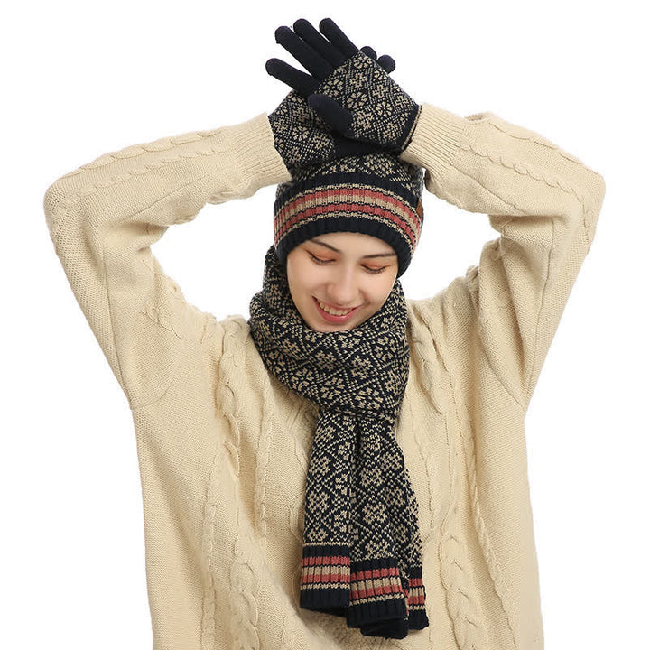 Set di 3 guanti touchscreen unisex con cappello e sciarpa a fiocco di neve