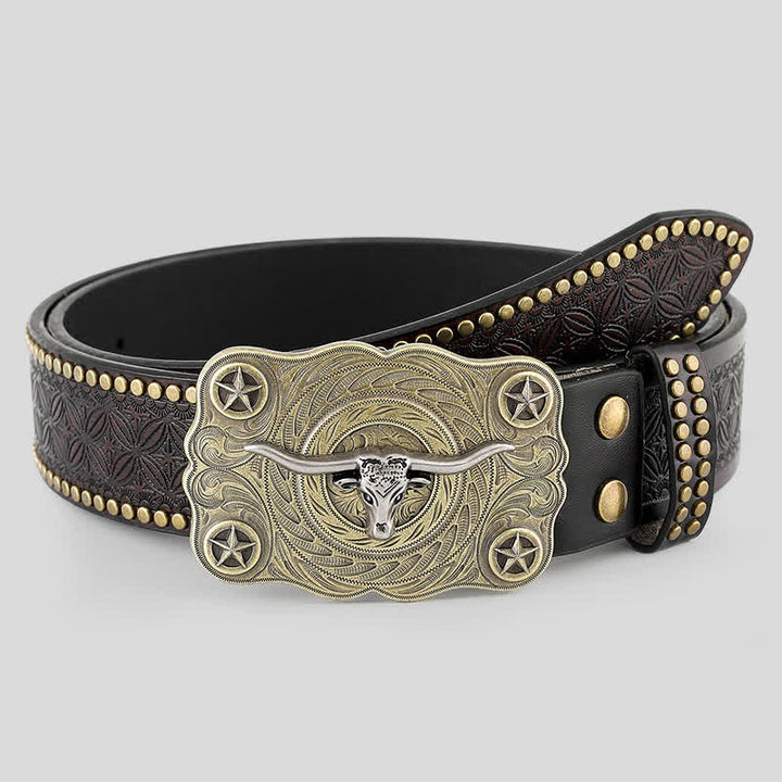 Cintura in pelle con decorazioni borchiate a forma di testa di toro Longhorn da uomo