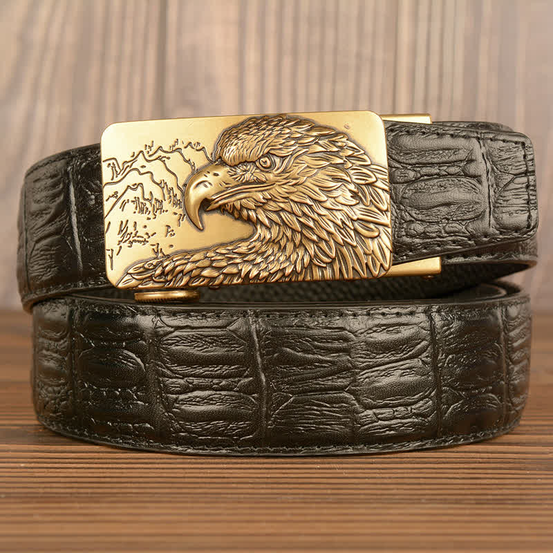 Cintura da uomo in pelle con motivo coccodrillo e aquila intagliata - Oro e nero - Pelle di coccodrillo - 44 - image 18
