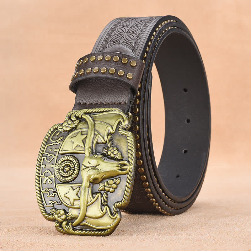 Cintura da uomo in pelle con rivetti Longhorn Steer Antique