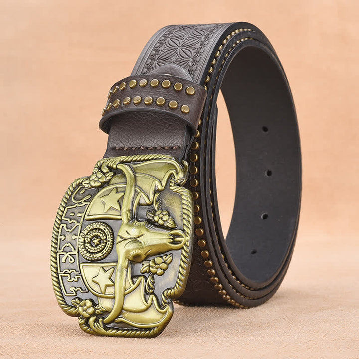 Cintura da uomo in pelle con rivetti Longhorn Steer Antique