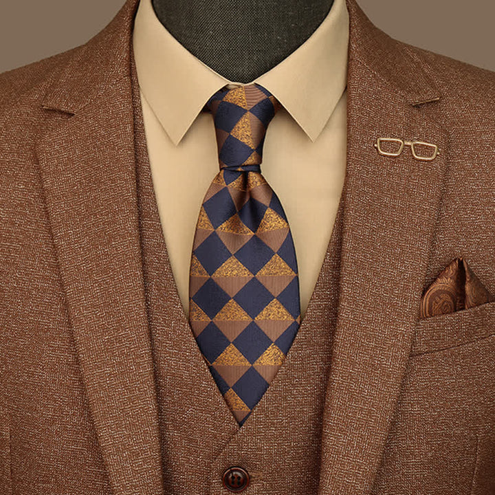 Cravatta da uomo a quadri color oro rustico e blu navy