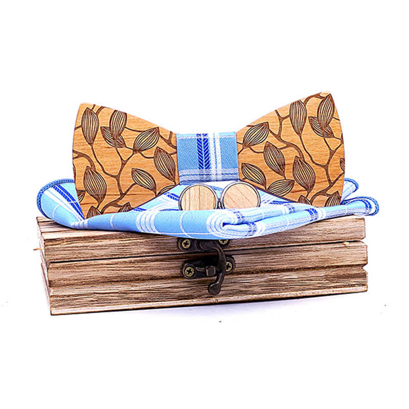 Set di 3 papillon in legno con motivo a foglia da uomo - Plaid azzurro cielo - image 0