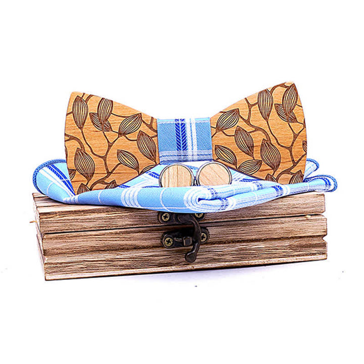 Set di 3 papillon in legno con motivo a foglia da uomo