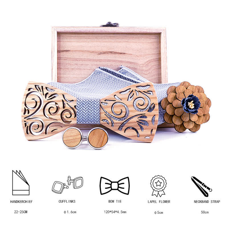 Set di 4 papillon in legno con motivo a foglia cava da uomo