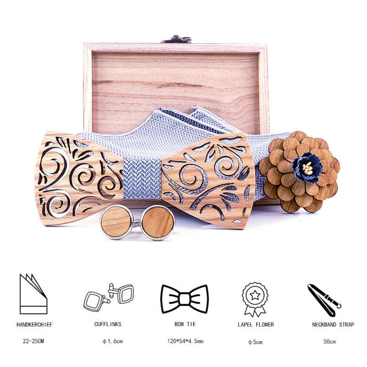 Set di 4 papillon in legno con motivo a foglia cava da uomo