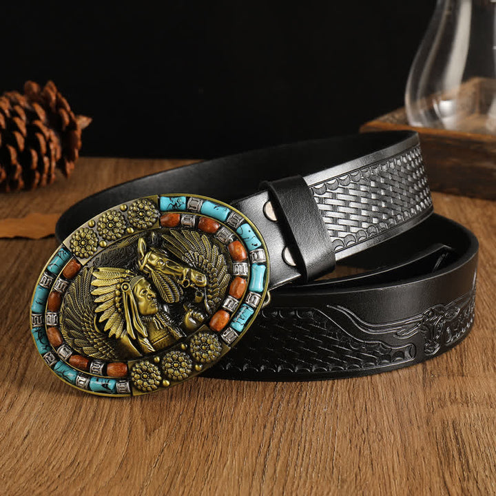 Cintura in pelle turchese con motivo boho indiano da uomo - Nero n. 1 - 42 - image 6