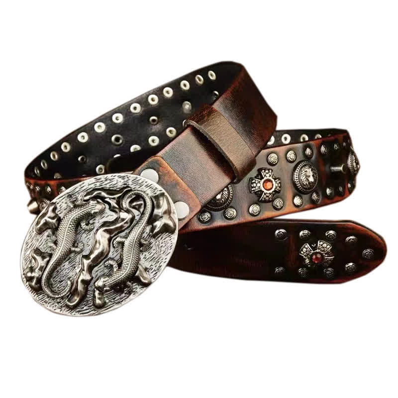Cintura in pelle con ornamento leone rubino borchiato da uomo