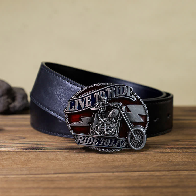 Cintura in pelle con fibbia Live to Ride da motociclista con teschio fai da te da uomo