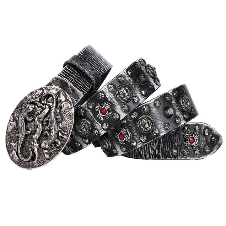 Cintura in pelle con ornamento leone rubino borchiato da uomo