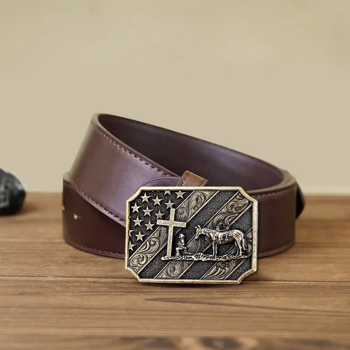 Cintura in pelle fai da te da uomo con fibbia a forma di cavallo con croce e bandiera americana