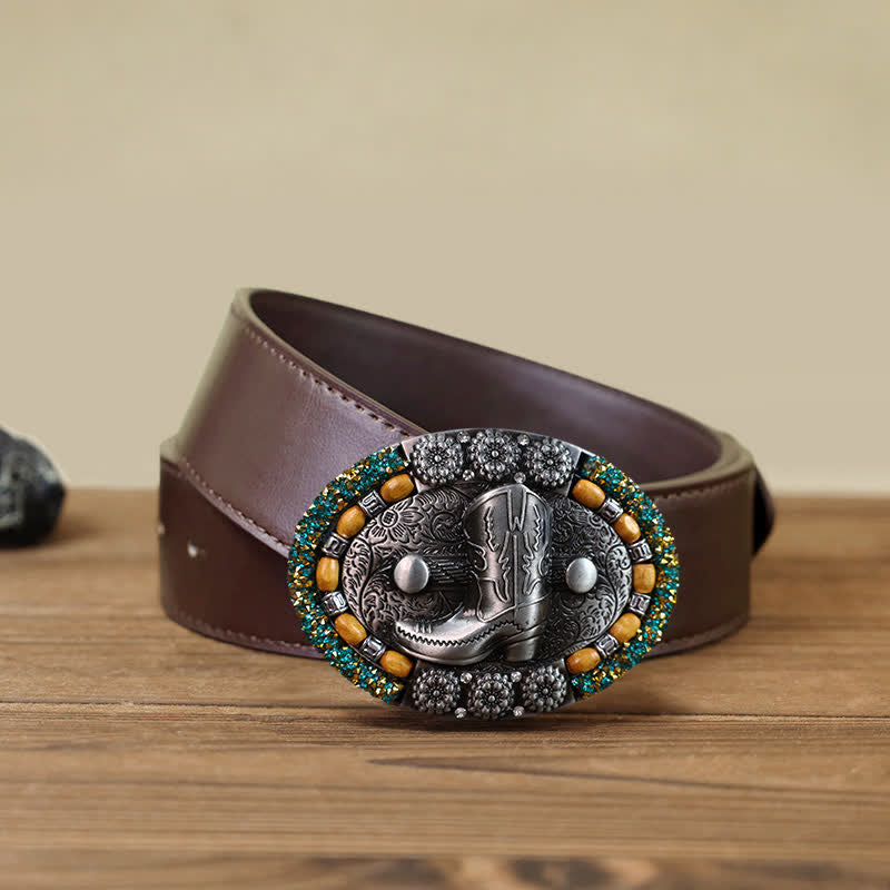 Cintura in pelle con fibbia per stivali con perline di legno e strass fai da te da uomo