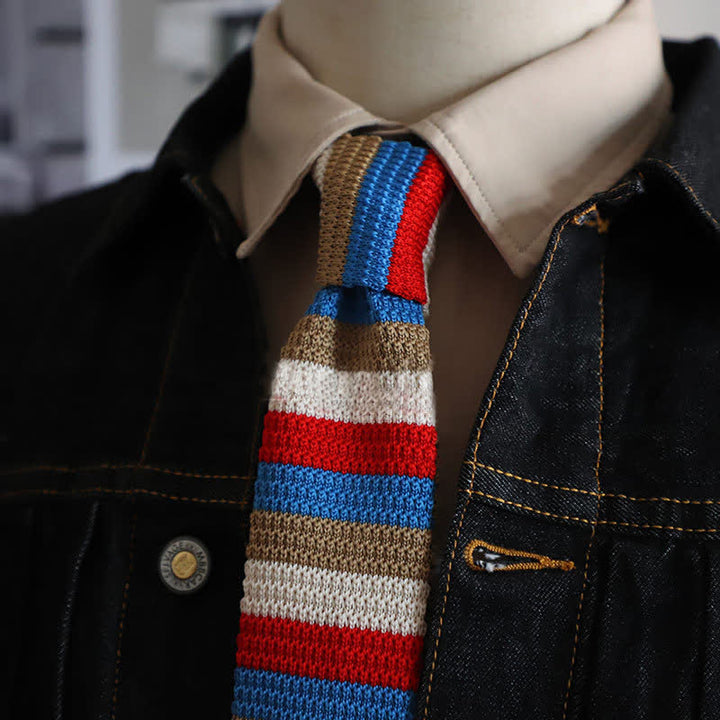 Cravatta a righe orizzontali autunnali da uomo lavorata a maglia - Rosso e blu - image 16
