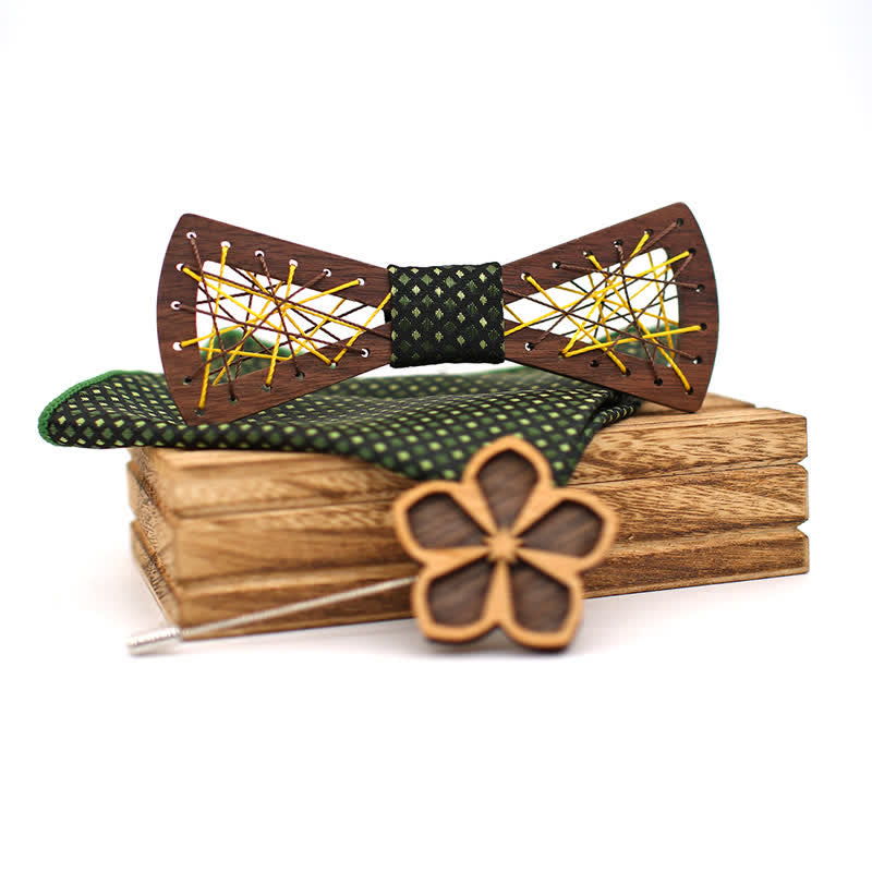 Set di 3 papillon in legno ricamati e intrecciati da uomo