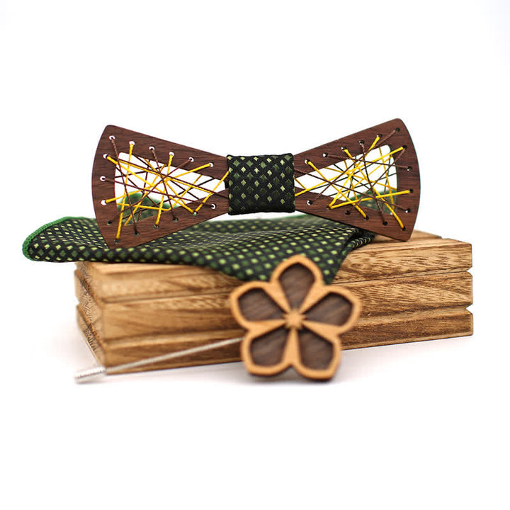 Set di 3 papillon in legno ricamati e intrecciati da uomo