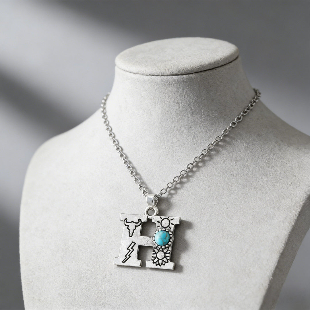Collana vintage con ciondolo a forma di iniziale turchese - H - image 9