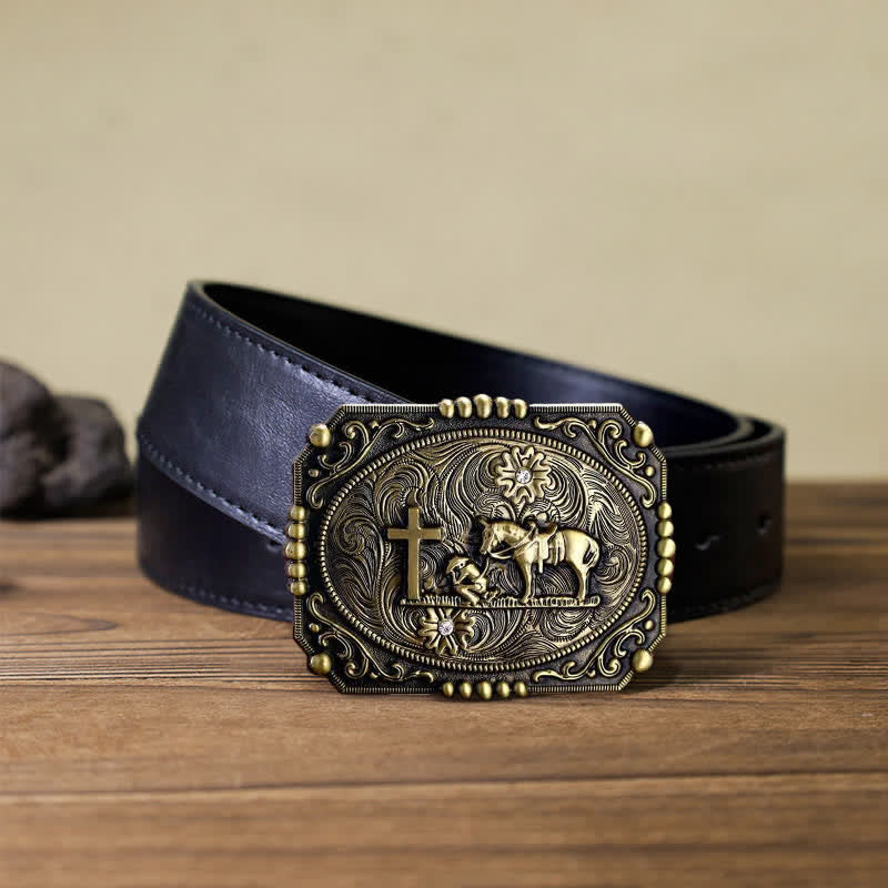 Cintura in pelle fai da te da uomo con fibbia per preghiera inginocchiata a forma di croce di cavallo