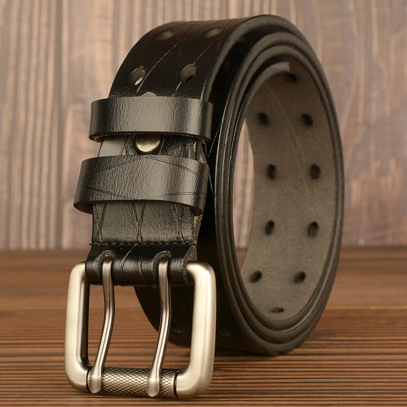Cintura classica da uomo in pelle con doppia fila di fori - Nero - 46 - image 2