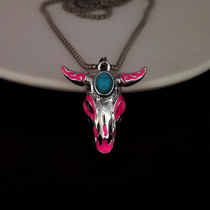 Collana da uomo vintage western con teschio di toro fosforescente - Rosa - image 7