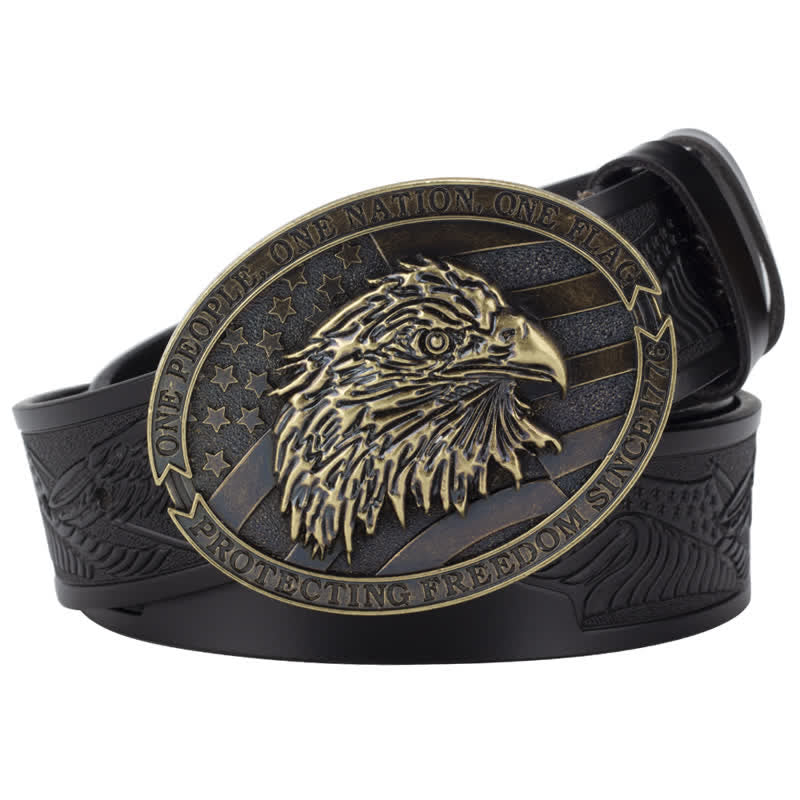 Cintura in pelle con fibbia della bandiera americana con testa d'aquila calva da uomo