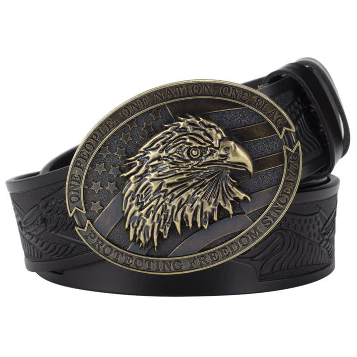 Cintura in pelle con fibbia della bandiera americana con testa d'aquila calva da uomo