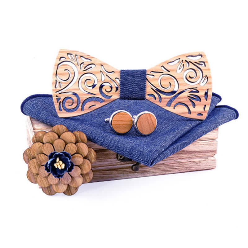 Set di 4 papillon in legno con motivo a foglia cava da uomo - Blu - image 8