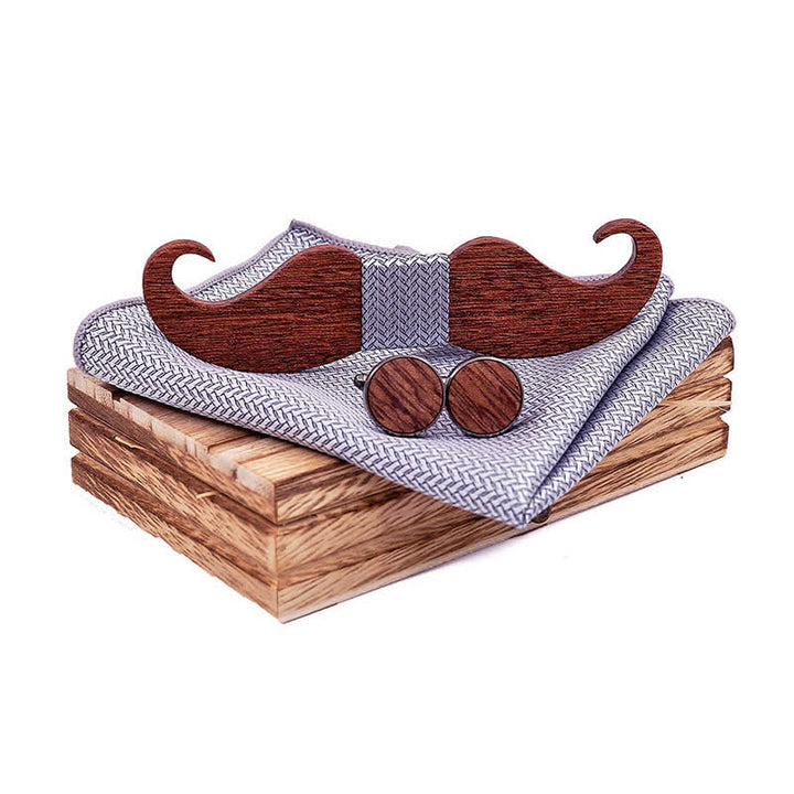 Set di 3 papillon in legno con baffi da uomo