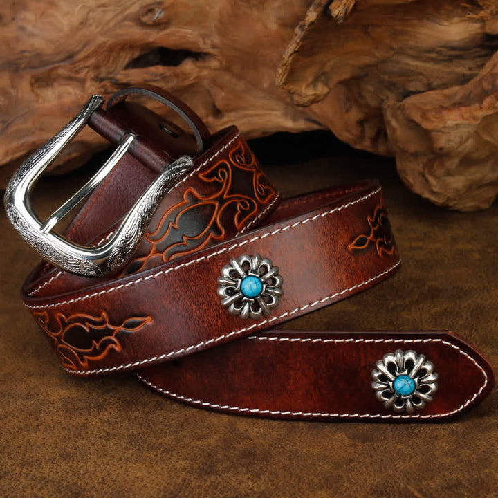 Cintura unisex retrò in pelle con fiori turchesi marroni