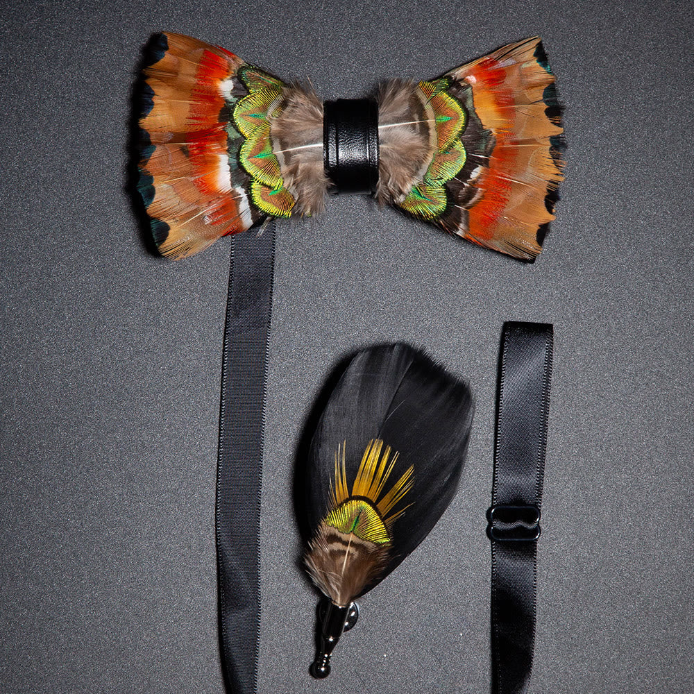 Papillon con piume di fenice arancione e spilla da bavero - Arancia - image 0