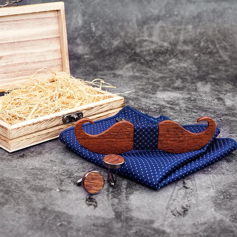 Set di 3 papillon in legno con baffi da uomo