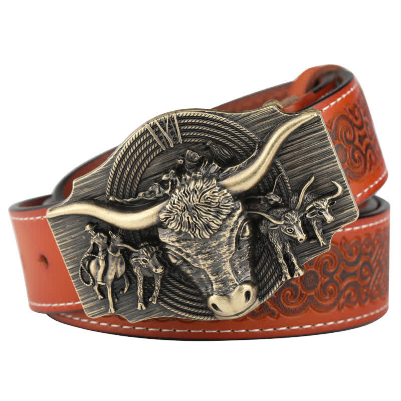 Cintura in pelle goffrata Longhorn Bull da uomo