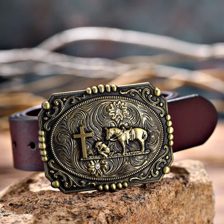 Cintura in pelle fai da te da uomo con fibbia per preghiera inginocchiata a forma di croce di cavallo