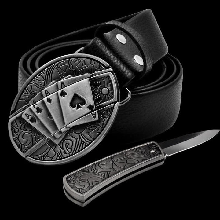 Cintura in pelle da uomo Poker 4 Ace con coltello pieghevole