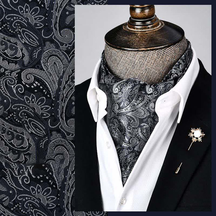 Cravatta Ascot Paisley floreale moderna in bianco e nero