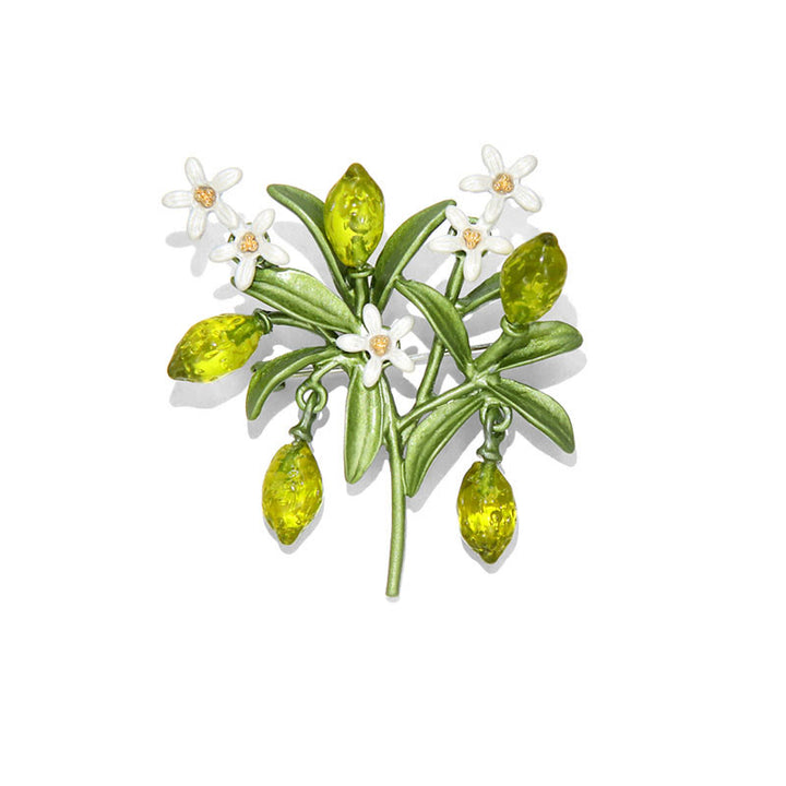 Spilla da donna a forma di goccia di limone con pianta verde