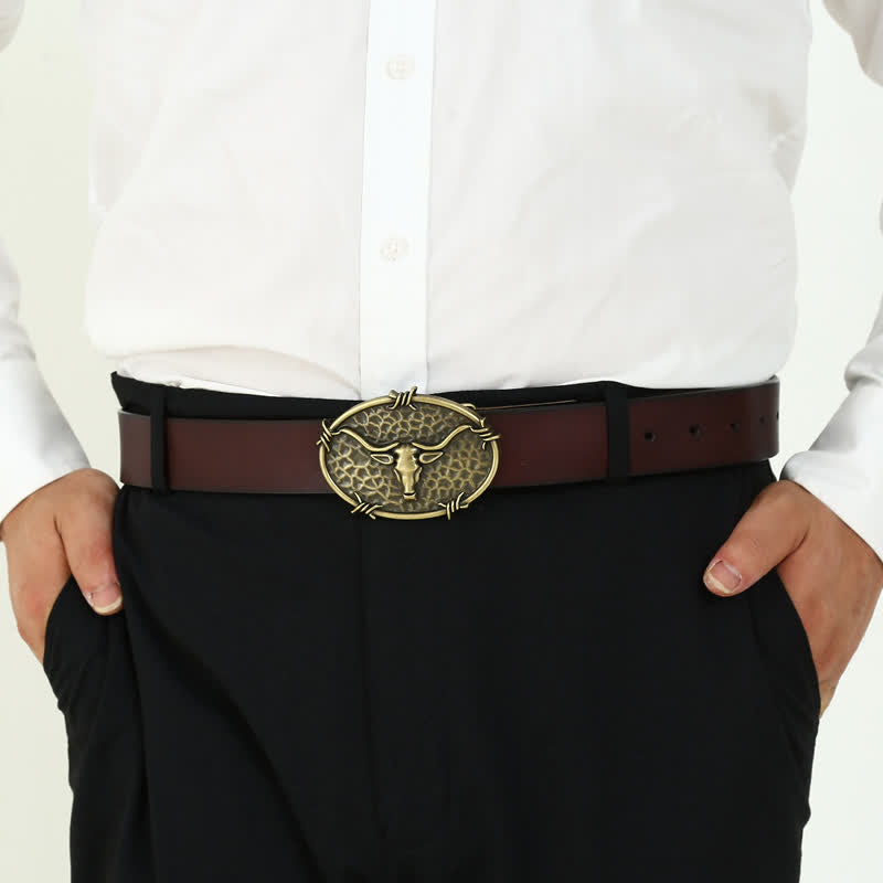 Cintura in pelle con fibbia martellata a forma di testa di toro da cowboy fai da te da uomo