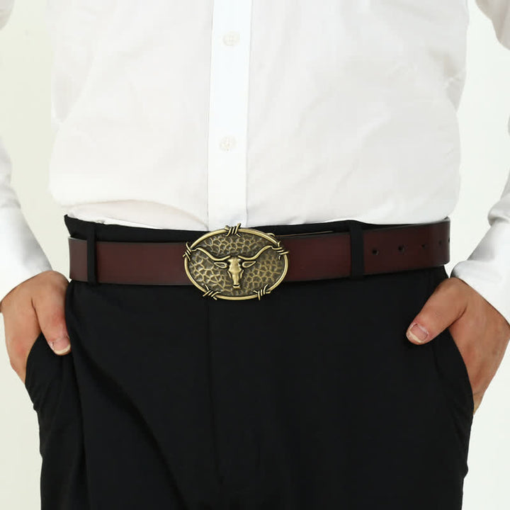 Cintura in pelle con fibbia martellata a forma di testa di toro da cowboy fai da te da uomo