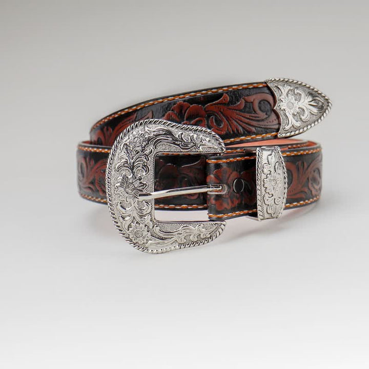 Cintura in pelle con incisione floreale vintage da donna