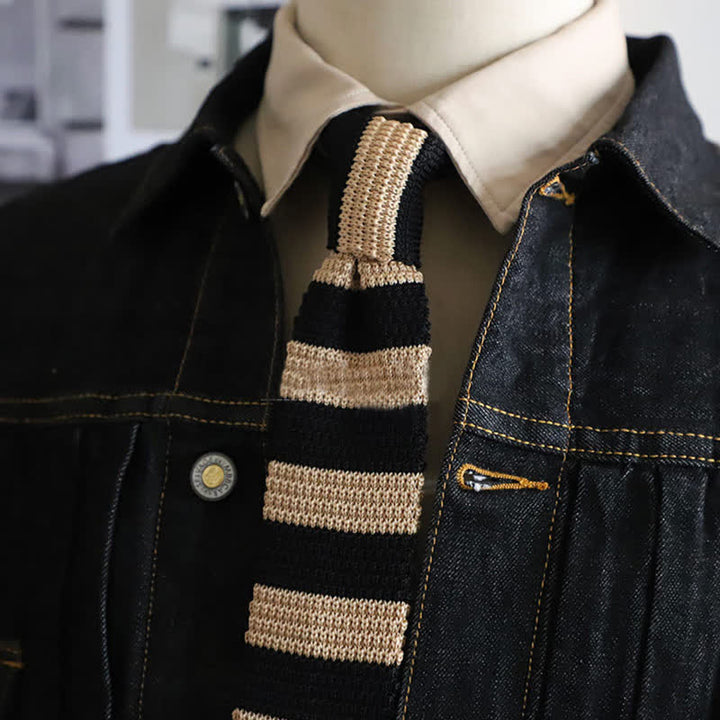 Cravatta a righe orizzontali autunnali da uomo lavorata a maglia - Grano e Nero - image 6