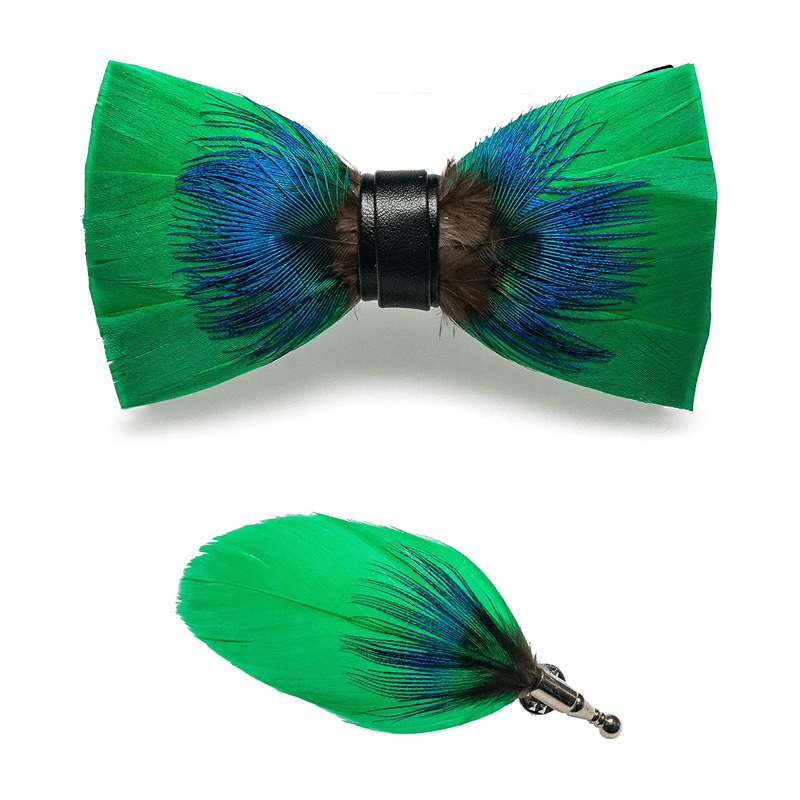 Papillon con piume blu e verde per bambini con spilla da bavero - image 4