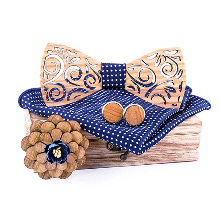 Set di 4 papillon in legno con motivo a foglia cava da uomo - Puntini blu navy - image 10