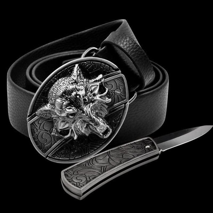 Cintura in pelle di lupo feroce da uomo con coltello pieghevole