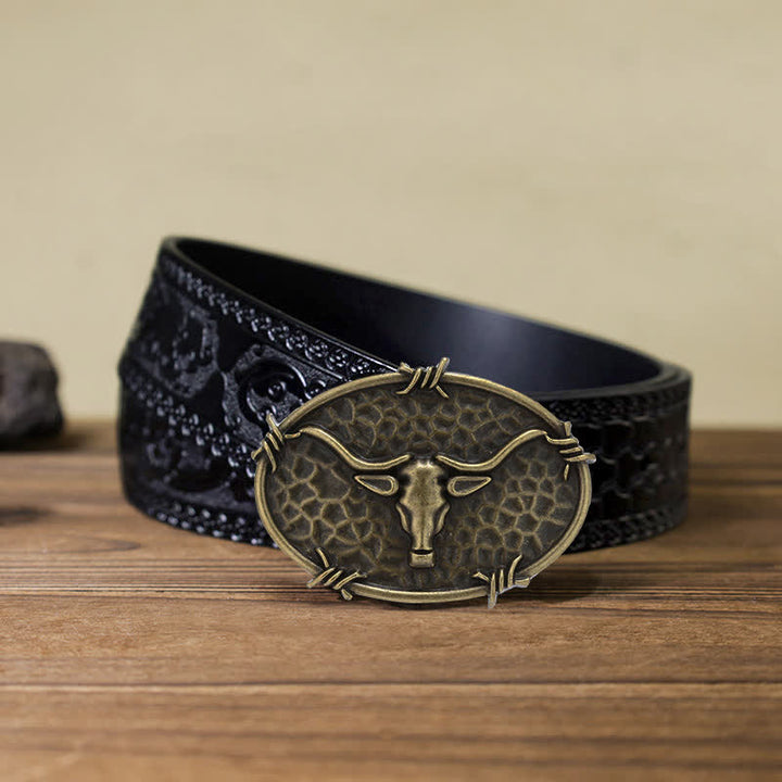 Cintura in pelle con fibbia martellata a forma di testa di toro da cowboy fai da te da uomo