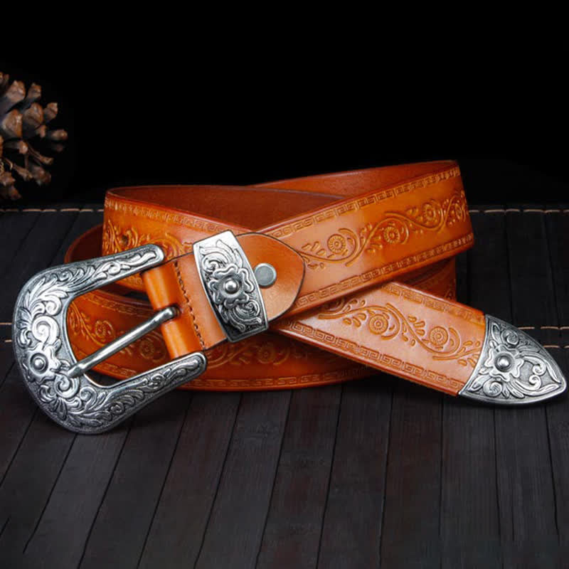 Cintura unisex in pelle con stampa floreale e texture rustica