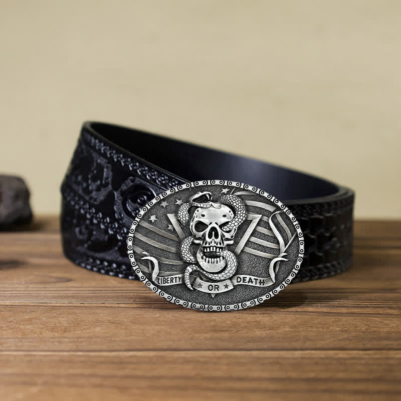 Cintura in pelle fai da te da uomo con fibbia a forma di teschio di serpente "Libertà o Morte"